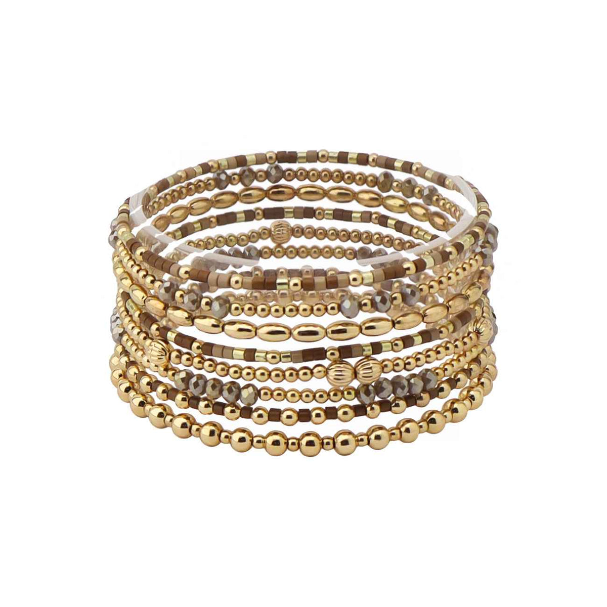 Set of 8 Brown Seed Bead & Crystal and Gold Stretch Bracelet