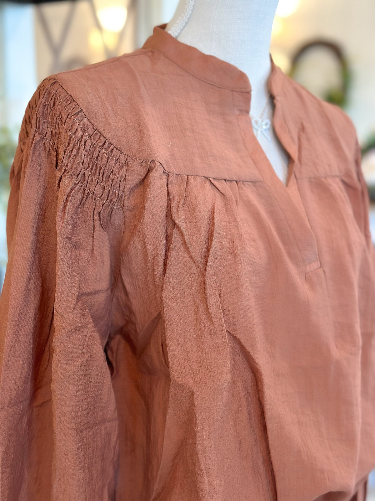 Crinkle Notched Neck Long Sleeve Top - Cinnamon