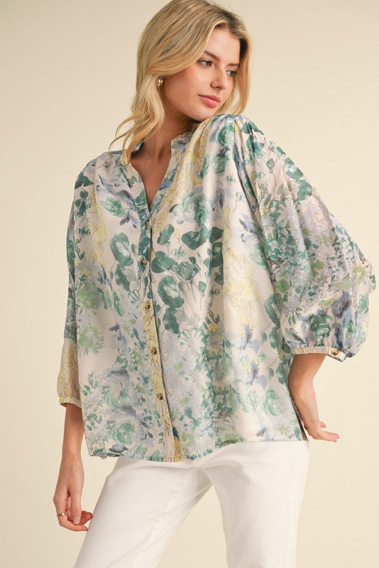 Green Mix Floral Print Chiffon Top