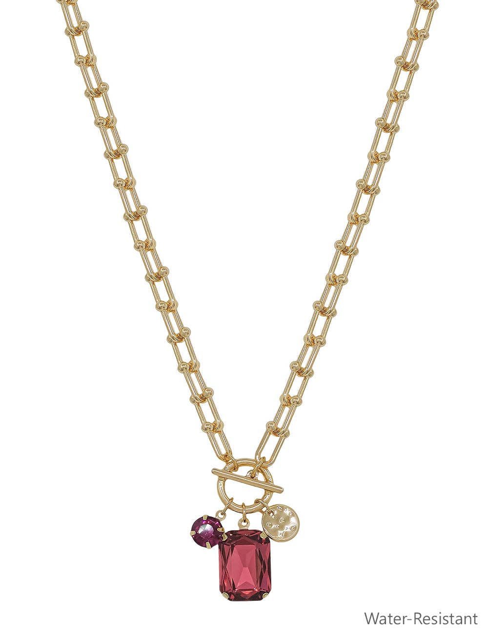 Water Resistant Gold Chain with Pink Crystal Charms 16"-18" Necklace