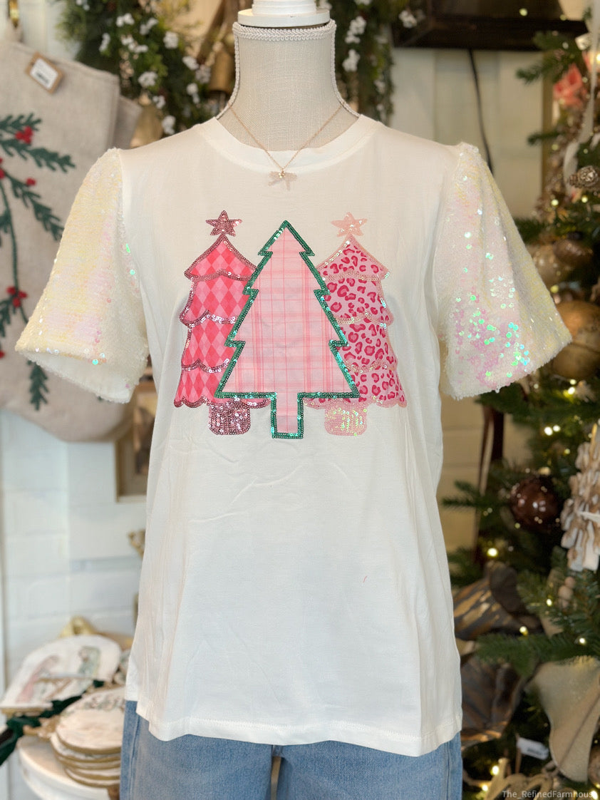 Festive Forest on White Sequin Sleeve Top
