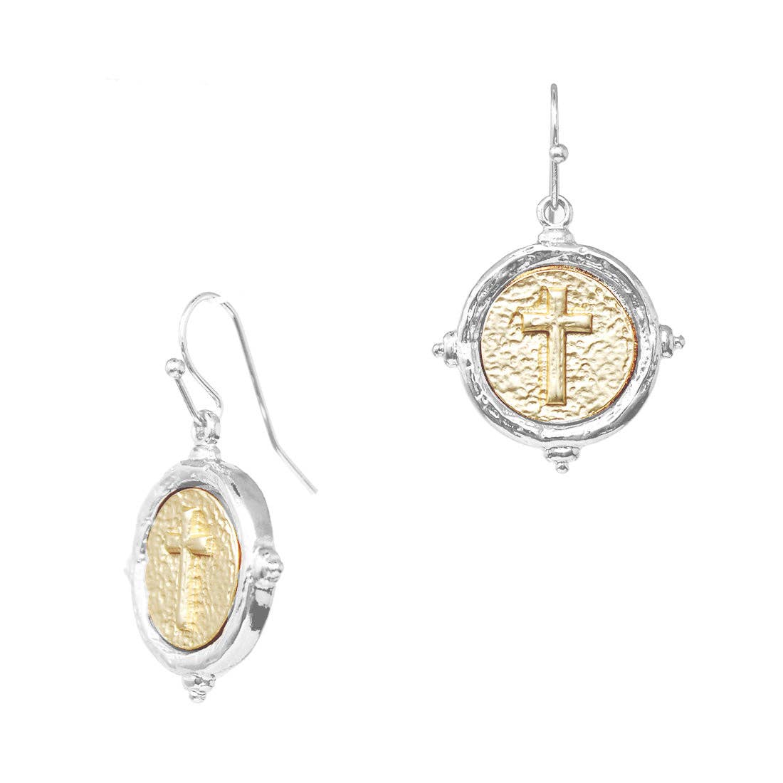 Gold and Silver Cross Stamped Coin 1.25" Earring