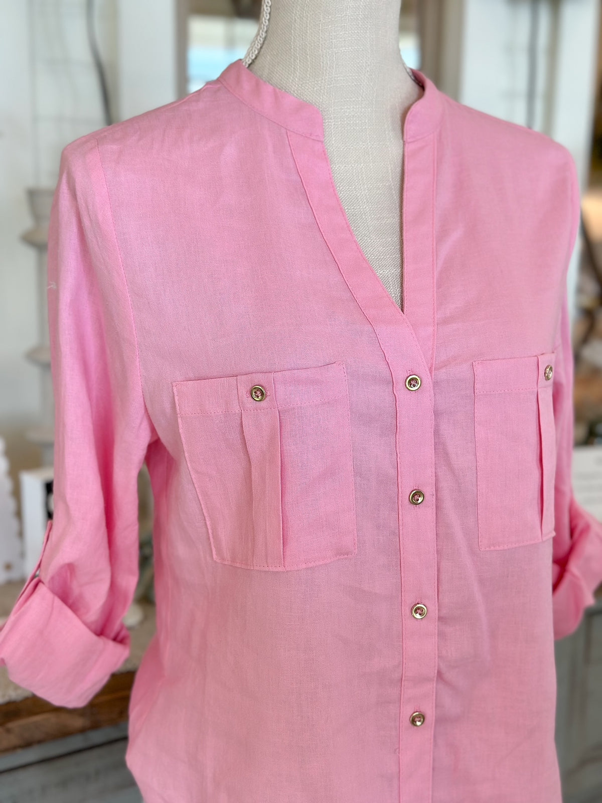 Pink Linen Button-Down Shirt