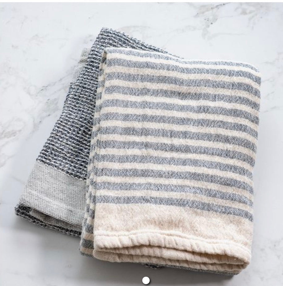 Set of 2 Medium Blue Stripe and Waffle Towels