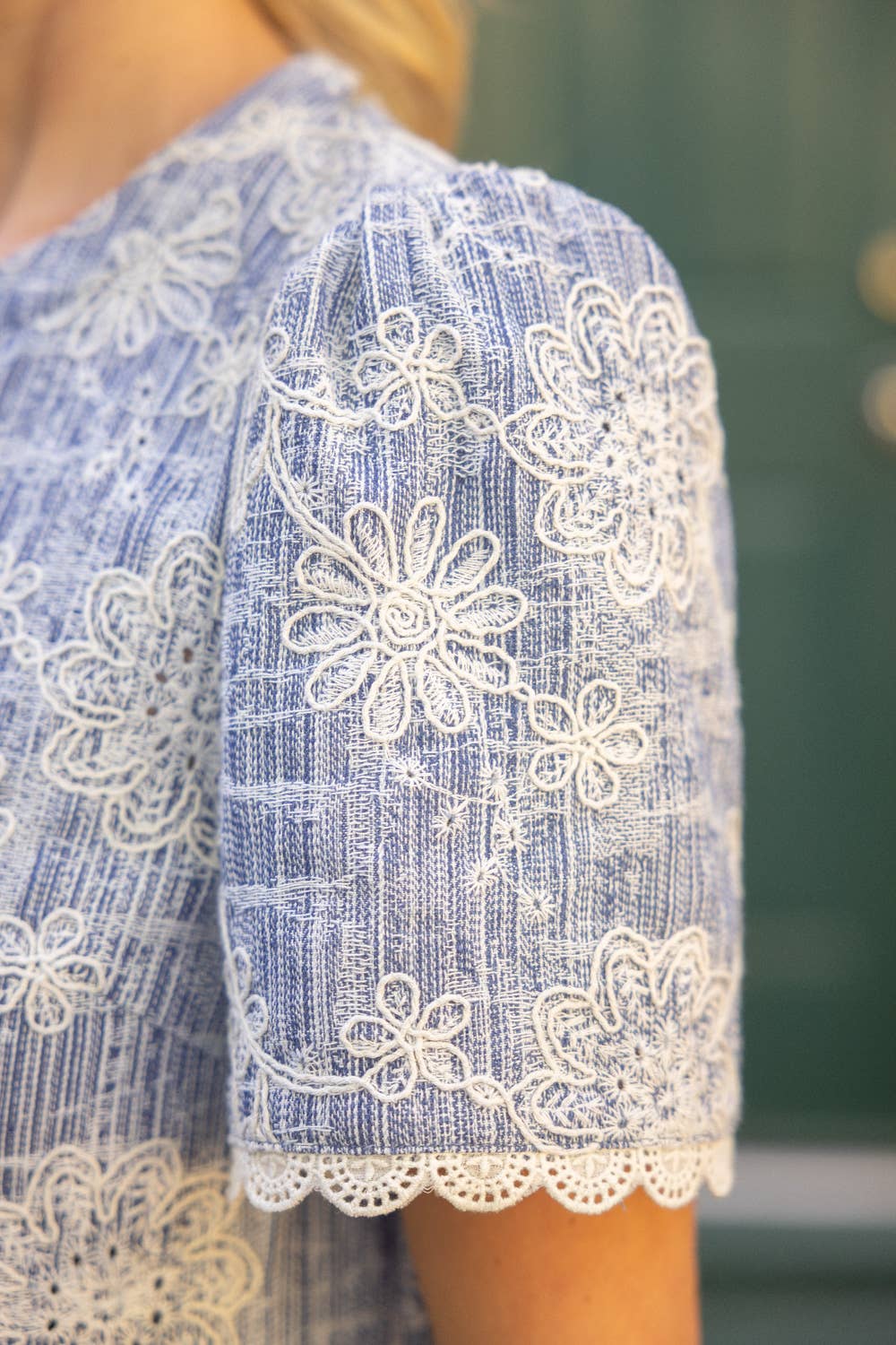 Scalloped Lace Floral Embroidered Denim Dress
