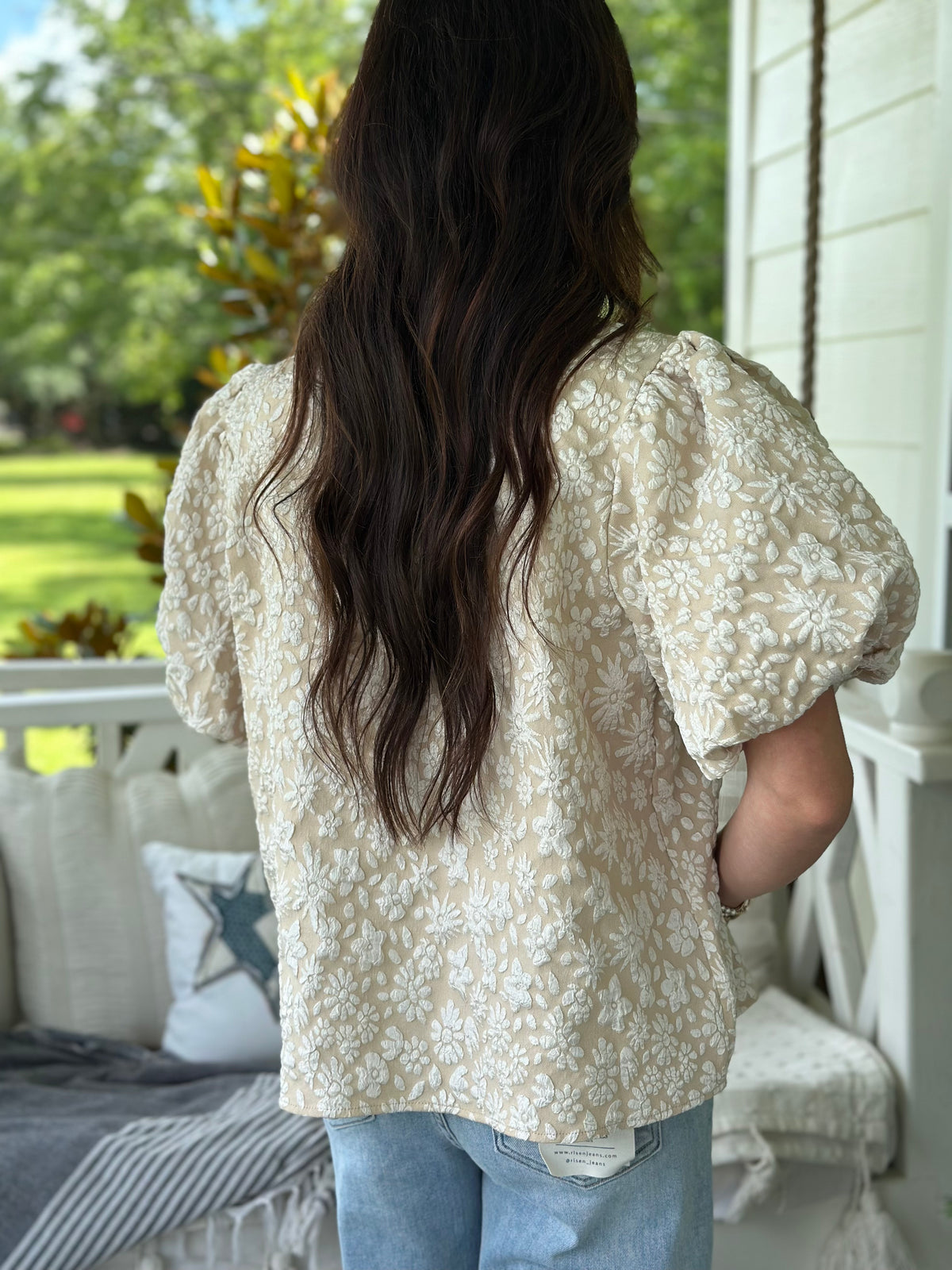Oatmeal Floral Pattern Ruffled V-Neck Top