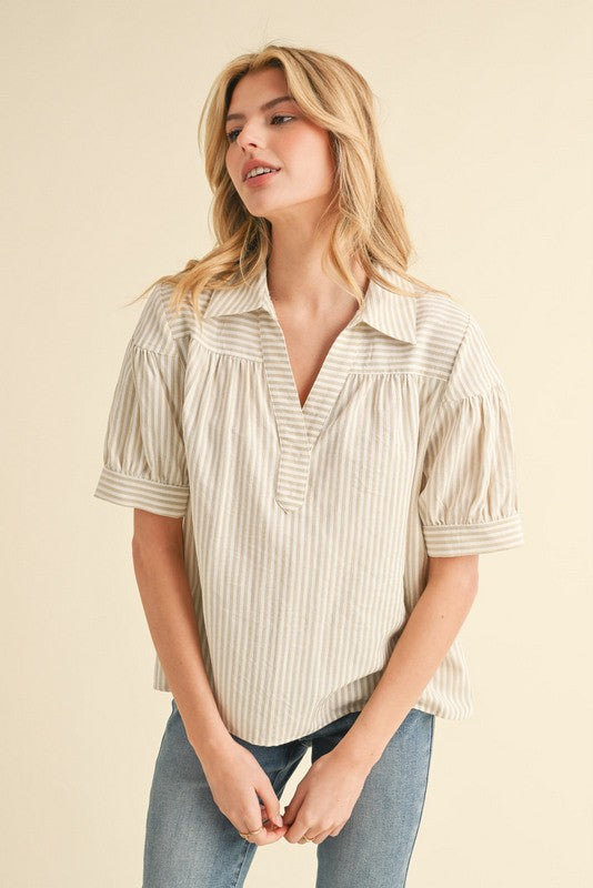 Taupe Striped Print Collar Short Sleeves Top