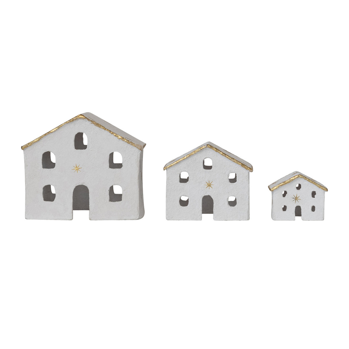 Paper Mache Houses with Gold Foil Stars & Trim, White