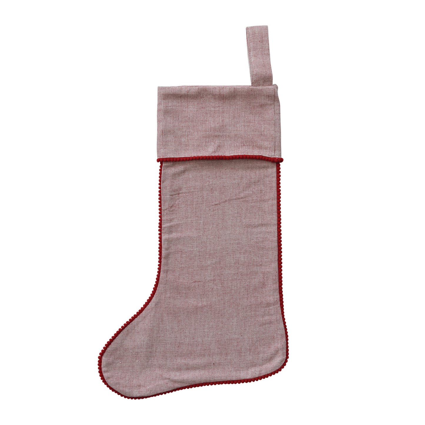 Woven Cotton Stocking with Red Mini Pom Pom Trim