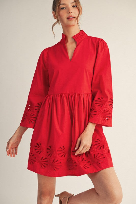 Eyelet Accent Solid Dress | Red