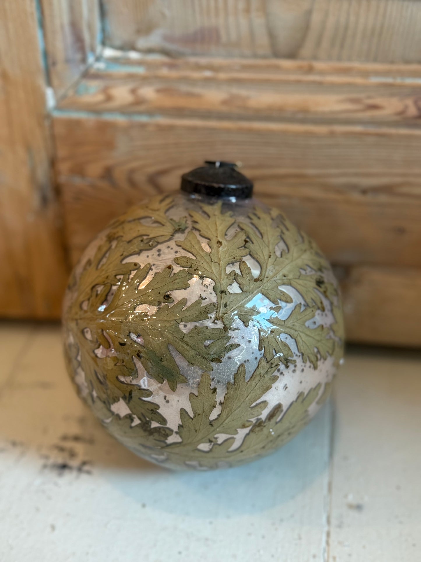 5" Round Glass Ball Ornament with Natural Leaves