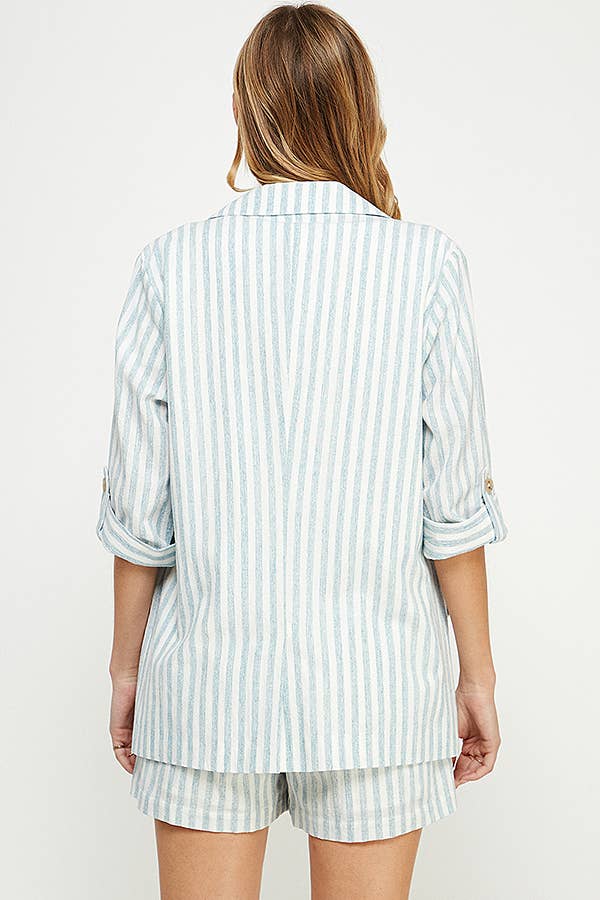 Striped Soft Linen 3/4 Roll-Tab Sleeves Jacket: Soft Blue, S