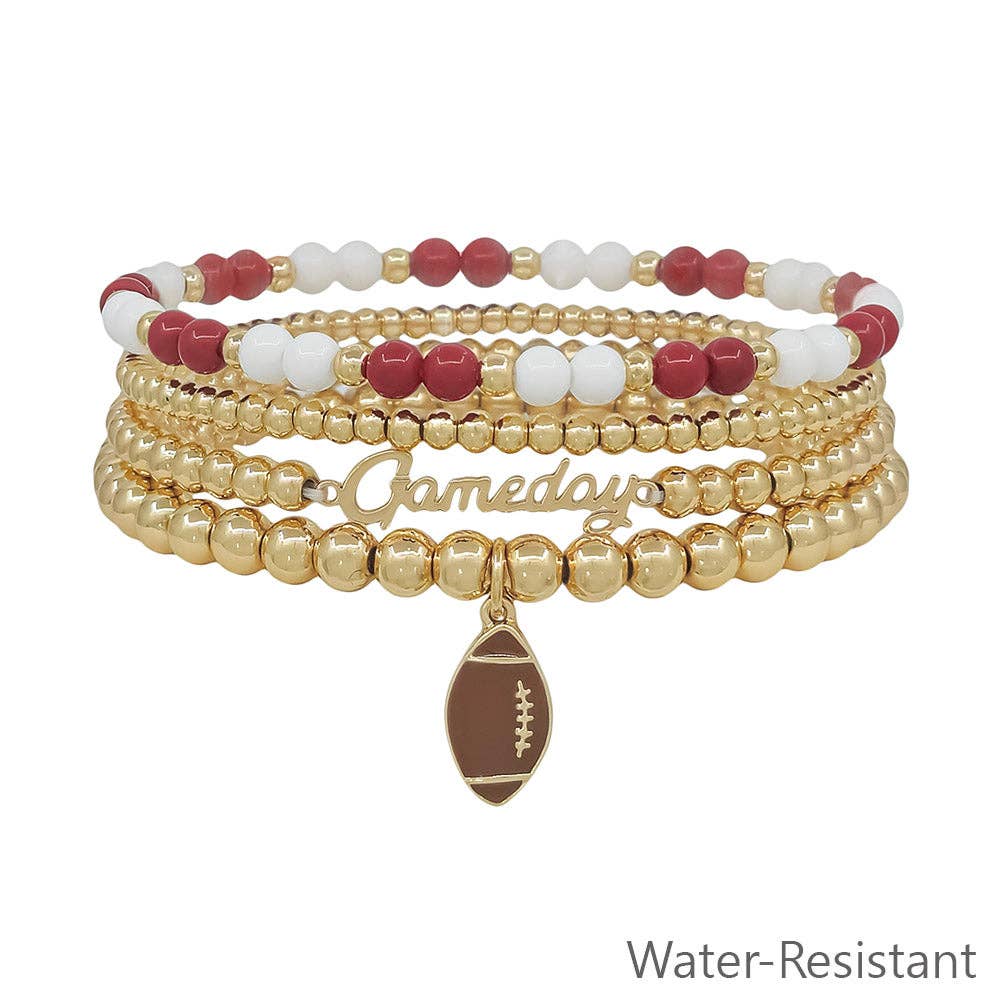 Water Resistant Maroon and White with Gold Gameday and Football Charm Stretch Bracelet Set
