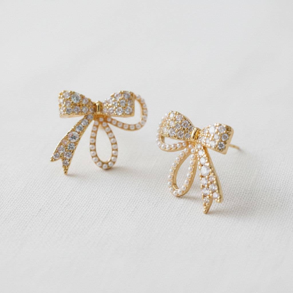 Vintage Inspired Pearl and Cubic Zirconia Bowknot Earrings