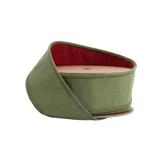 1 1/2" Wired Double-fused Dupioni Ribbon | Red/Moss Green | 10 Yard Roll