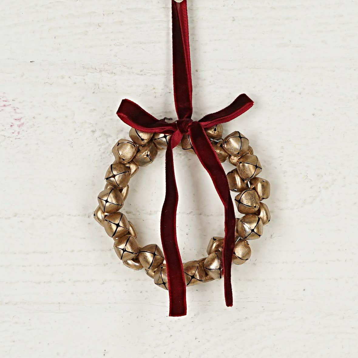 Golden Bell Wreath Ornament with Burgundy Velvet Bow