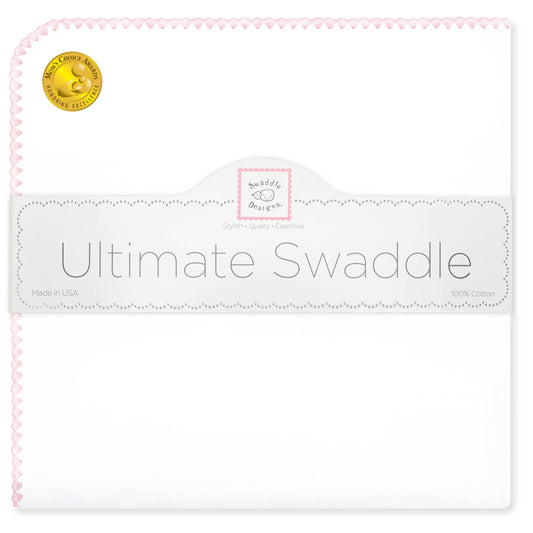 Ultimate Swaddle Blanket, White with Pastel Pink Trim