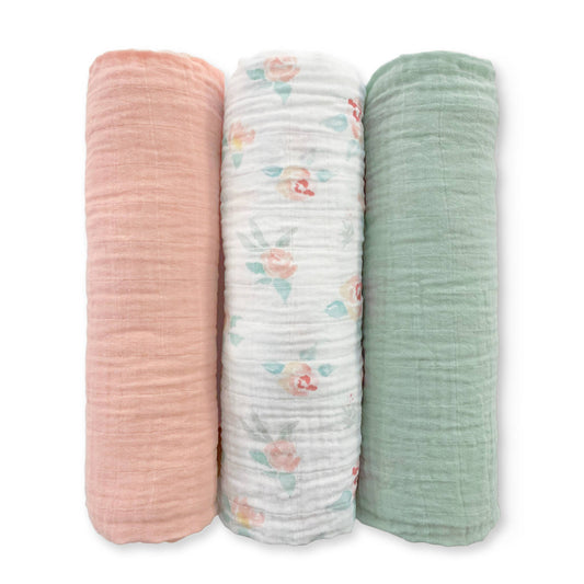 Muslin Swaddles, Set of 3, Watercolor Peachy Pink Floral
