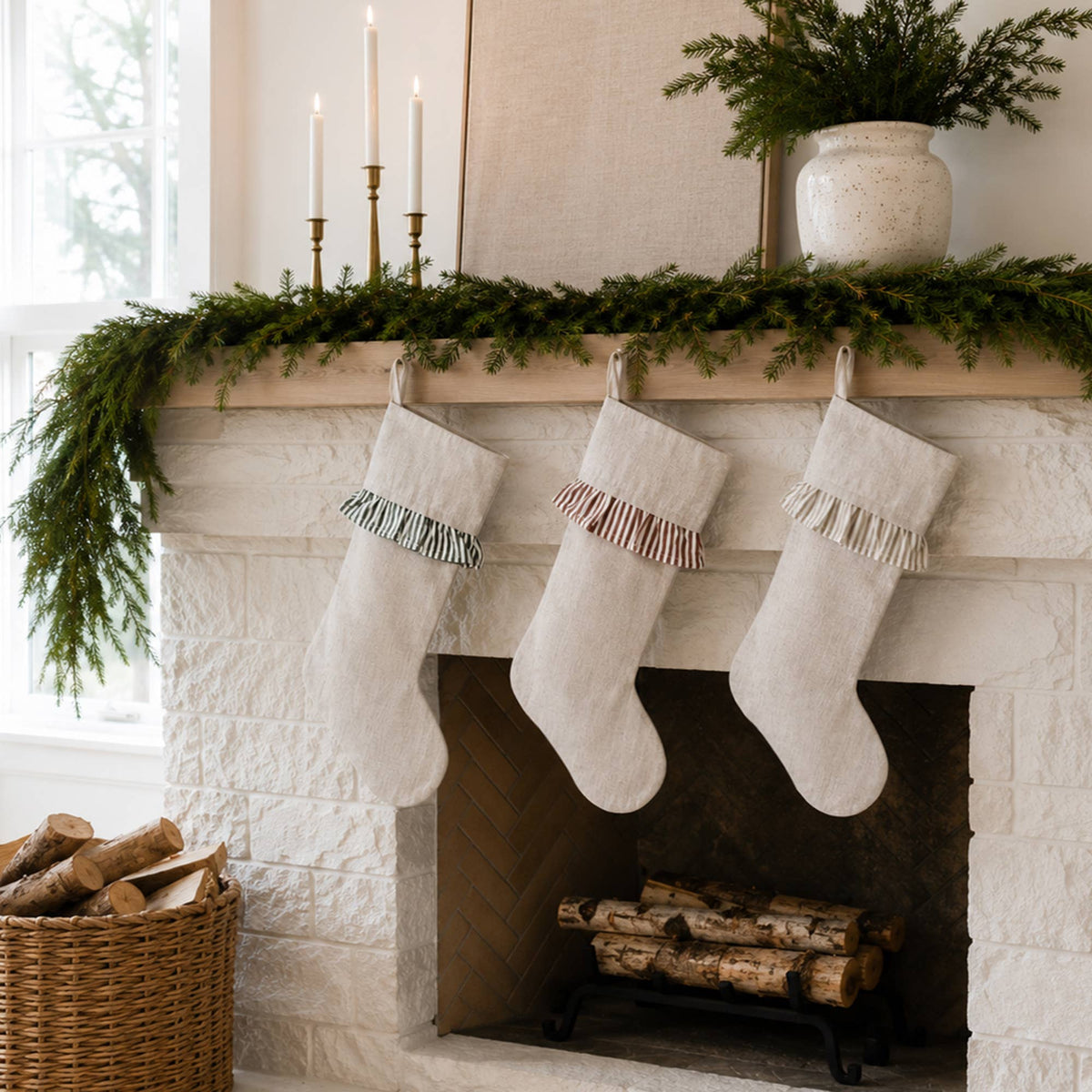 Classic Christmas Stockings with Ticking Ruffle- 3 COLORS