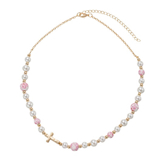 Kids Pearl, Pink Floral Bead Necklace with Cross in Body