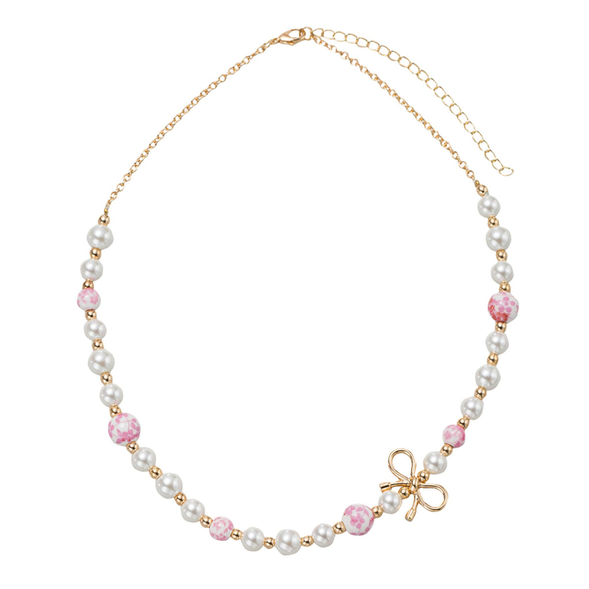 Kids Pearl, Pink Floral Bead Necklace with Gold Bow in Body