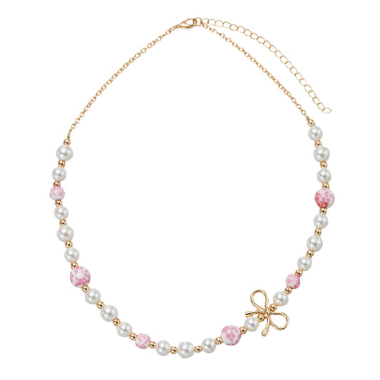 Kids Pearl, Pink Floral Bead Necklace with Gold Bow in Body