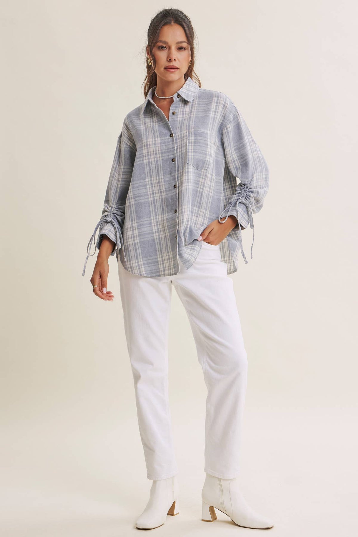 The Merritt Ruched Sleeve Plaid Shirt