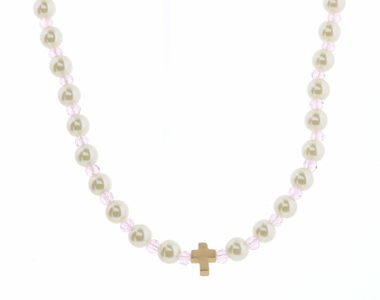 Kids 14" Pearl & Light Pink Faceted with Cross Necklace