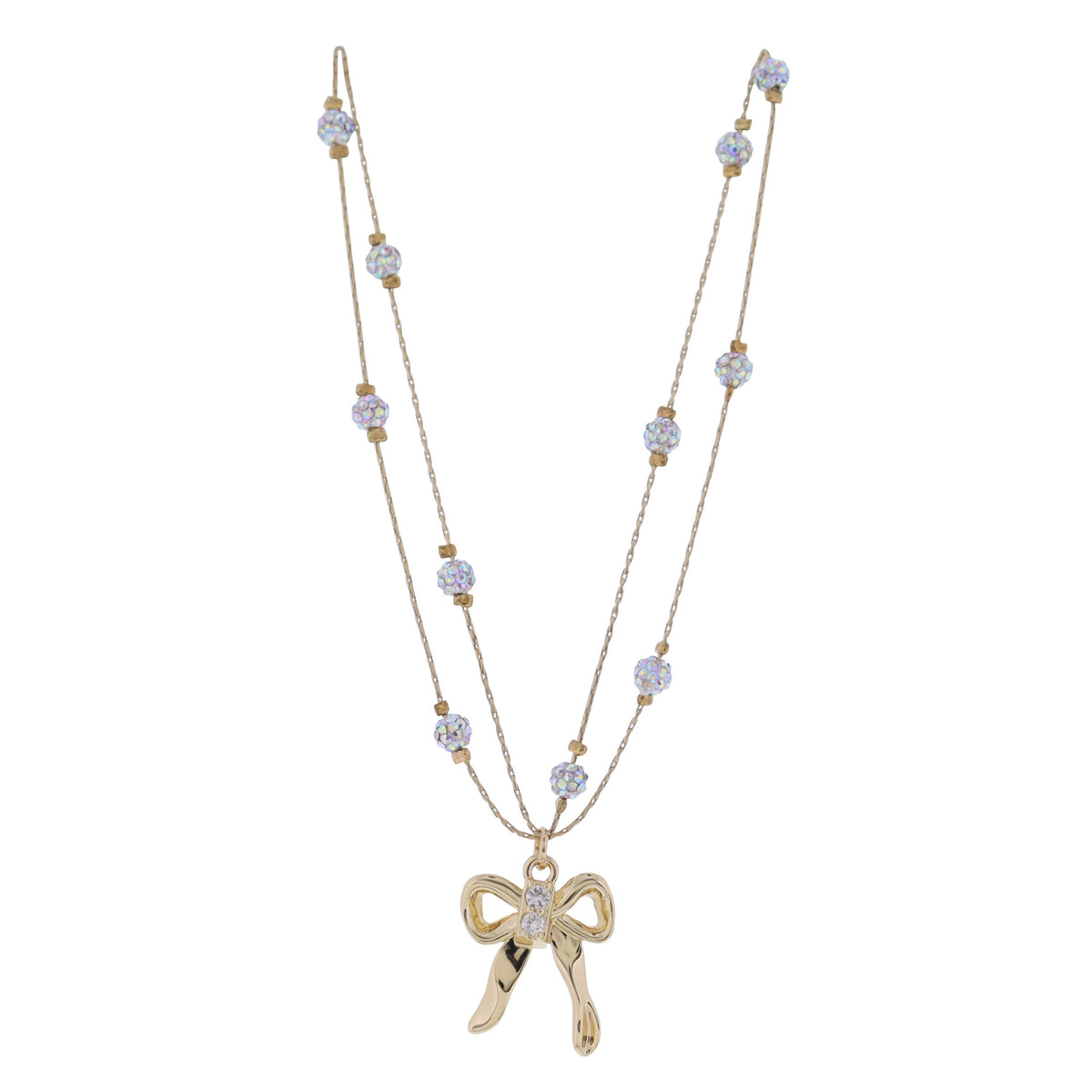 Kids White Pave Crystal Beads 2 Layer Necklace with Bow