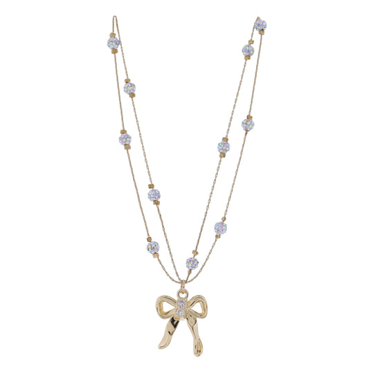 Kids White Pave Crystal Beads 2 Layer Necklace with Bow