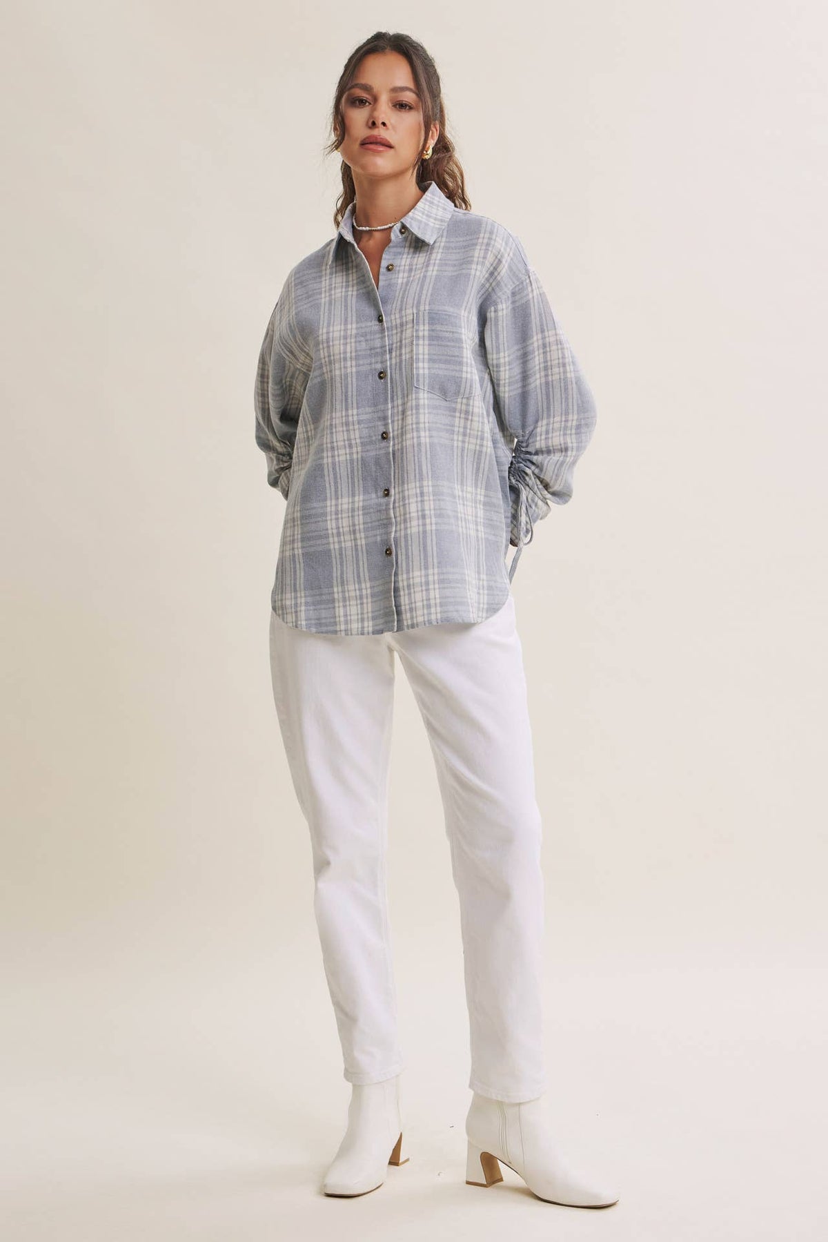 The Merritt Ruched Sleeve Plaid Shirt