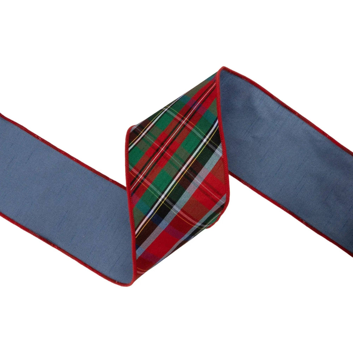 4" Wired Dupioni Ribbon | Plaid Red/Green/Blue w/ Blue Backing | 10 Yard Roll