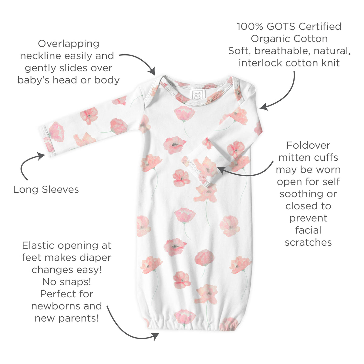 Organic Cotton Knit Pajama Gown - Watercolor Peach Blush Poppies