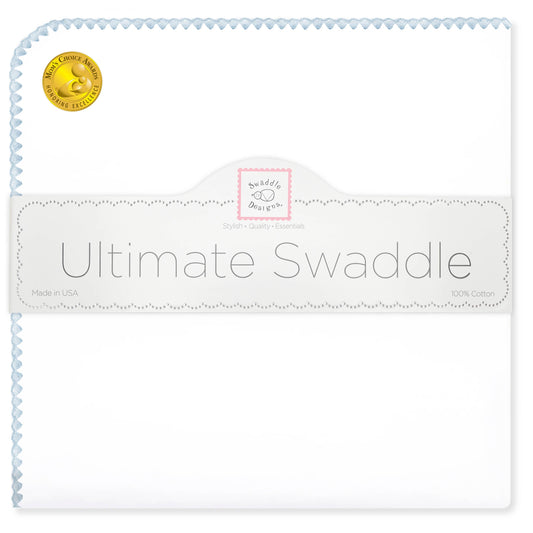 Ultimate Swaddle Blanket, White with Pastel Blue Trim