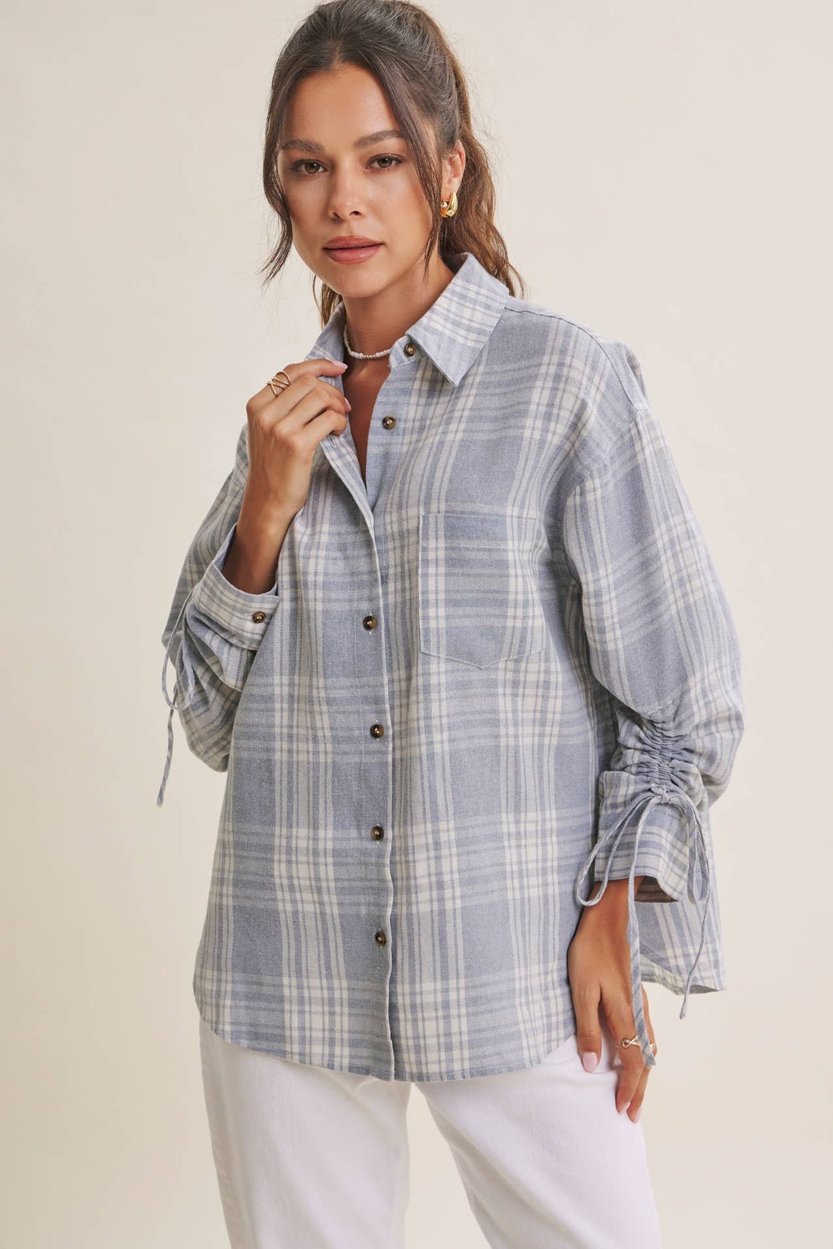 The Merritt Ruched Sleeve Plaid Shirt