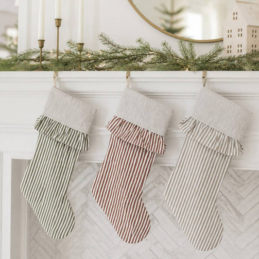 Ticking Stripe Christmas Stocking with Ticking Ruffle- 3 COLORS