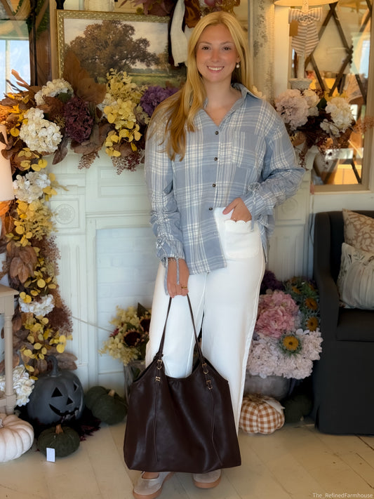 The Merritt Ruched Sleeve Plaid Shirt