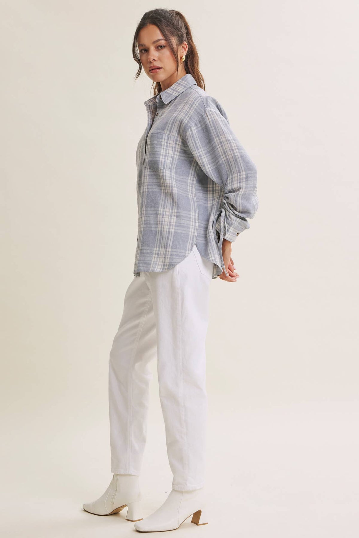 The Merritt Ruched Sleeve Plaid Shirt