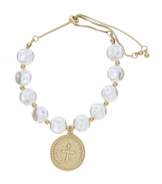 Salt Water Pearl with Circle with Raised Cross Bracelet
