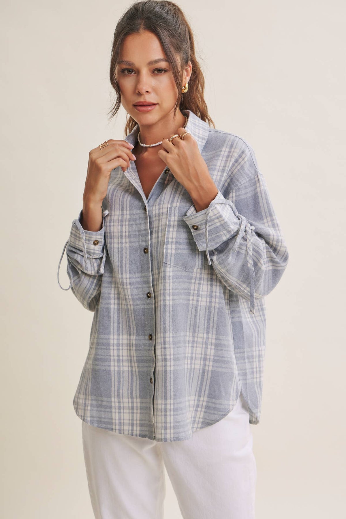 The Merritt Ruched Sleeve Plaid Shirt