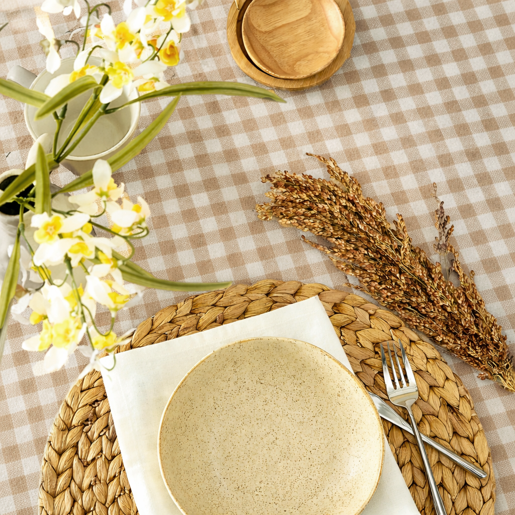 Corcovado Tablecloth (Beige Gingham): 60x102 inch