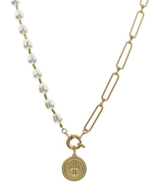 16" Chain & Pearl with Circle with Raised Cross Necklace