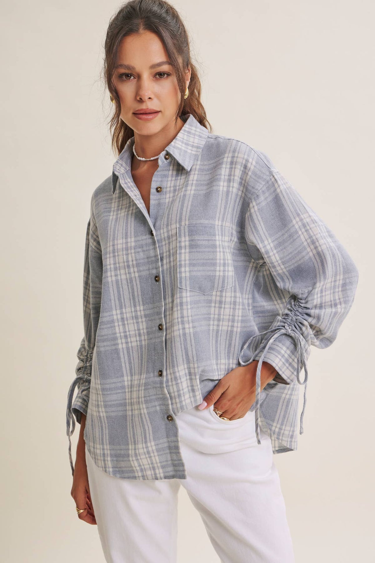 The Merritt Ruched Sleeve Plaid Shirt