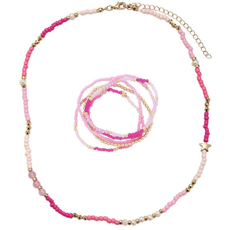 Kids Gold Star Pinks & Pearl Beaded Necklace & Bracelet