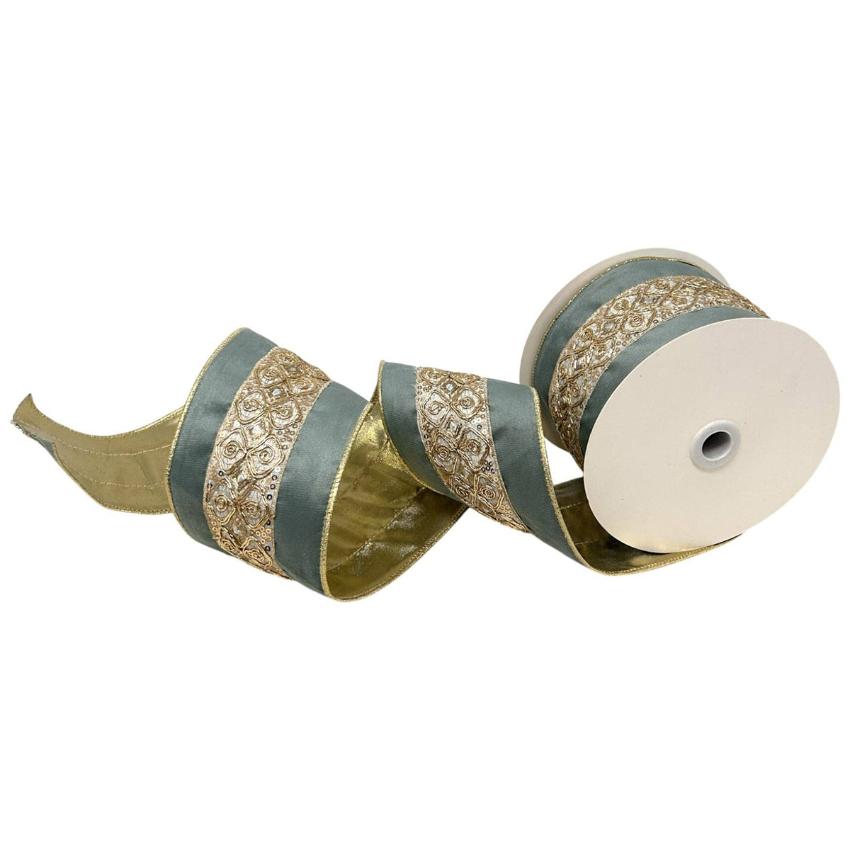Soft Aqua & Embossed Gold Wired Christmas Ribbon – 4" x 10 Yards