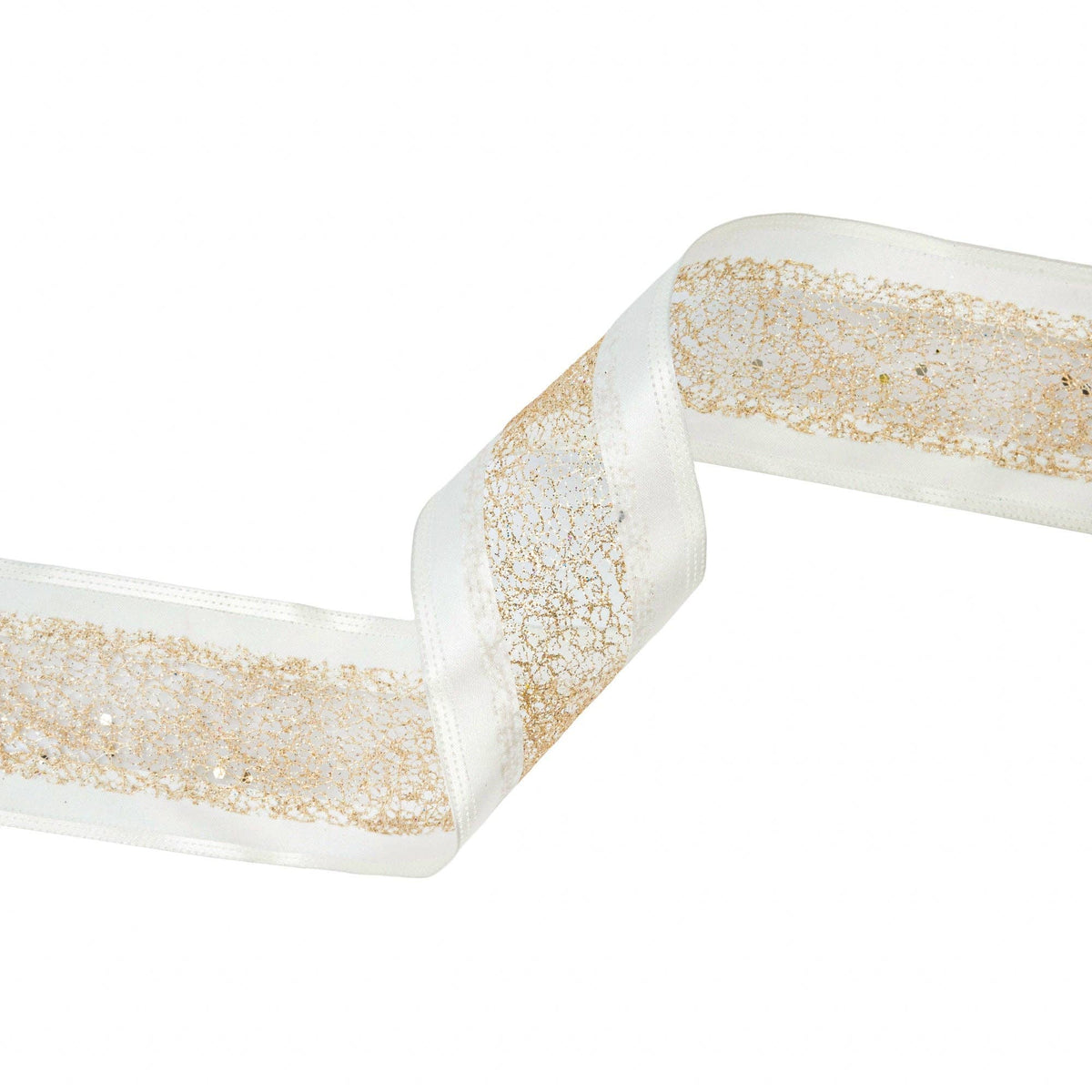 2 1/2" Wired Ribbon | Gold Mesh with White Satin Edge | 10 Yard Roll