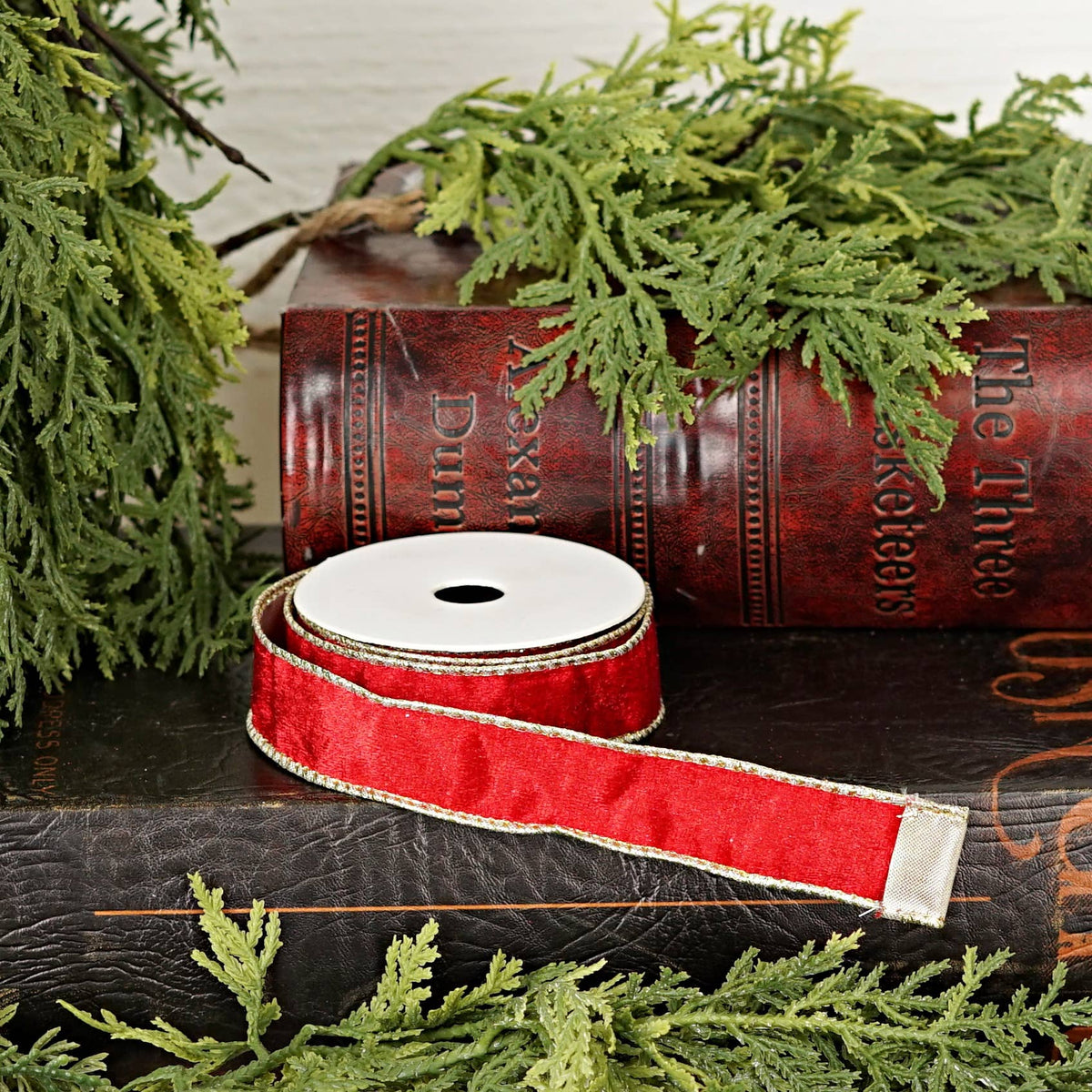 Red Velvet Wired Christmas Ribbon with Gold Backing – 1" x 10 Yards
