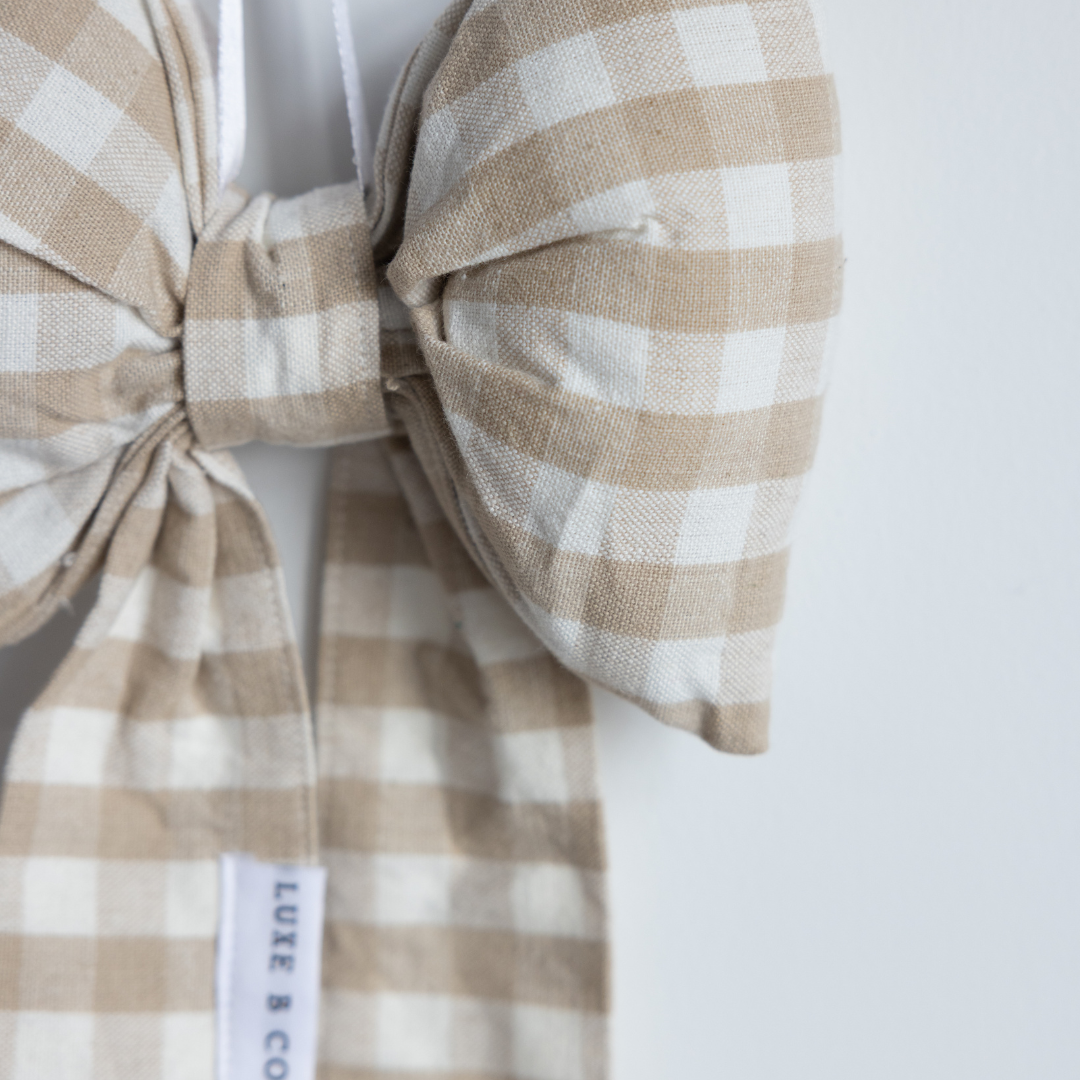 Bows Beige & White Gingham Fabric-Large