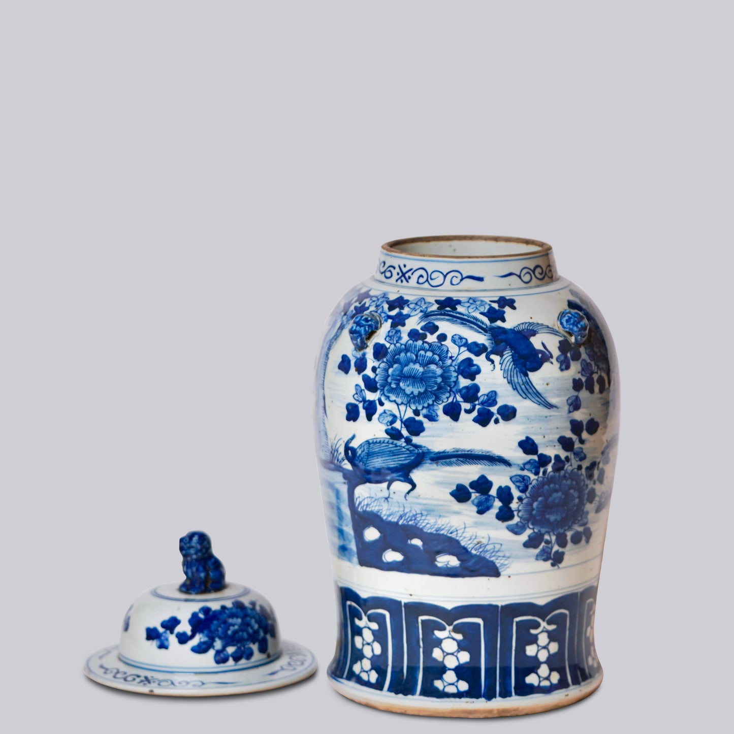 Blue and White Bird and Flower Porcelain Temple Jar