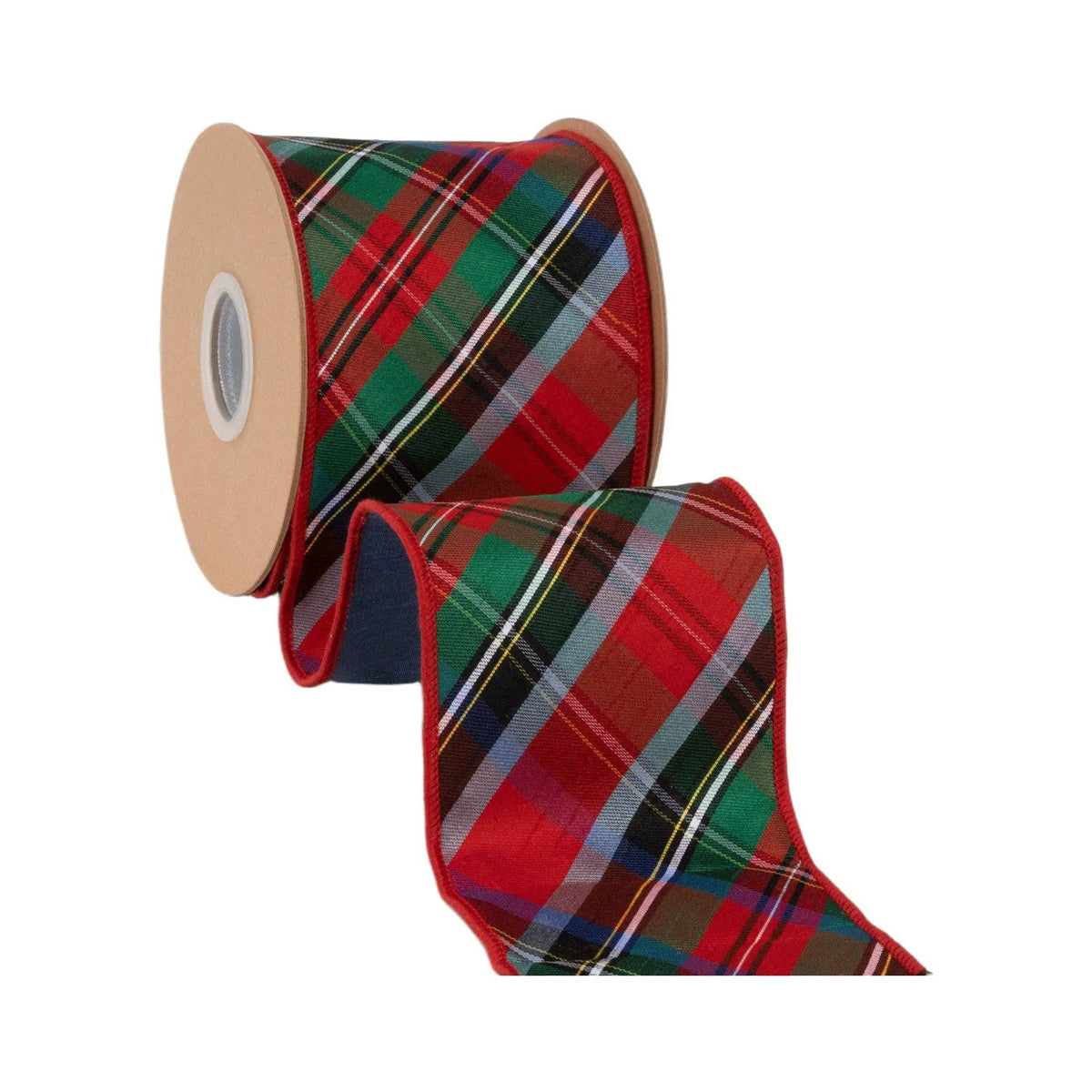 4" Wired Dupioni Ribbon | Plaid Red/Green/Blue w/ Blue Backing | 10 Yard Roll